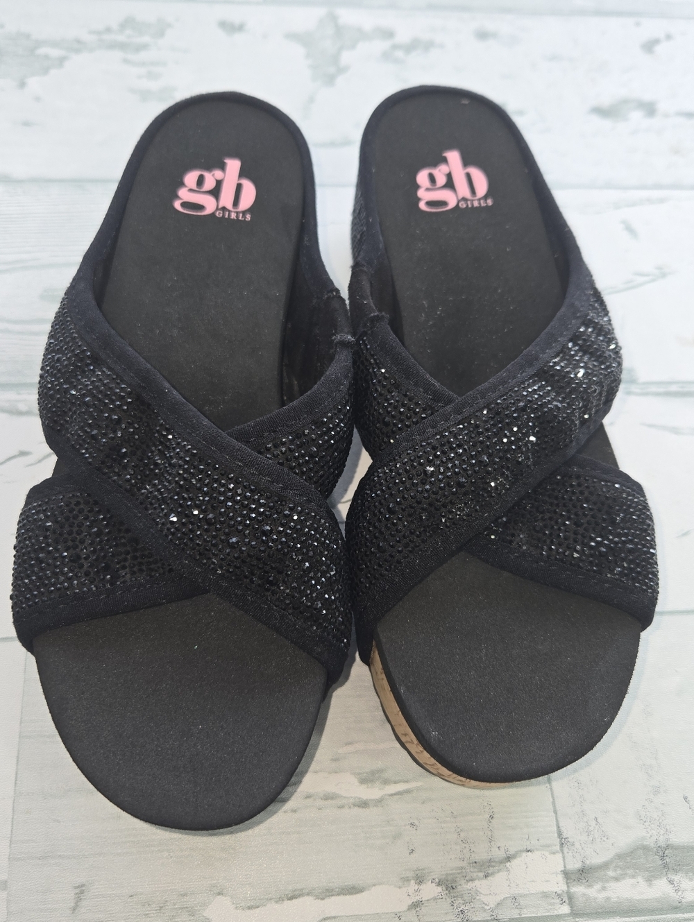 GB girls Black Glitter Cork Platform Slide Sandals Girls Size 1 - Picture 2 of 8